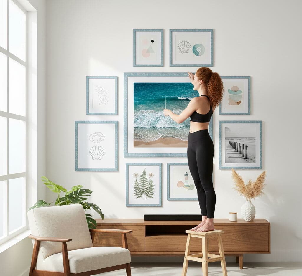 Woman in athletic clothing stands on stool adjusting gallery wall of blue-washed wood picture frames displaying ocean and seashell artwork above wooden console