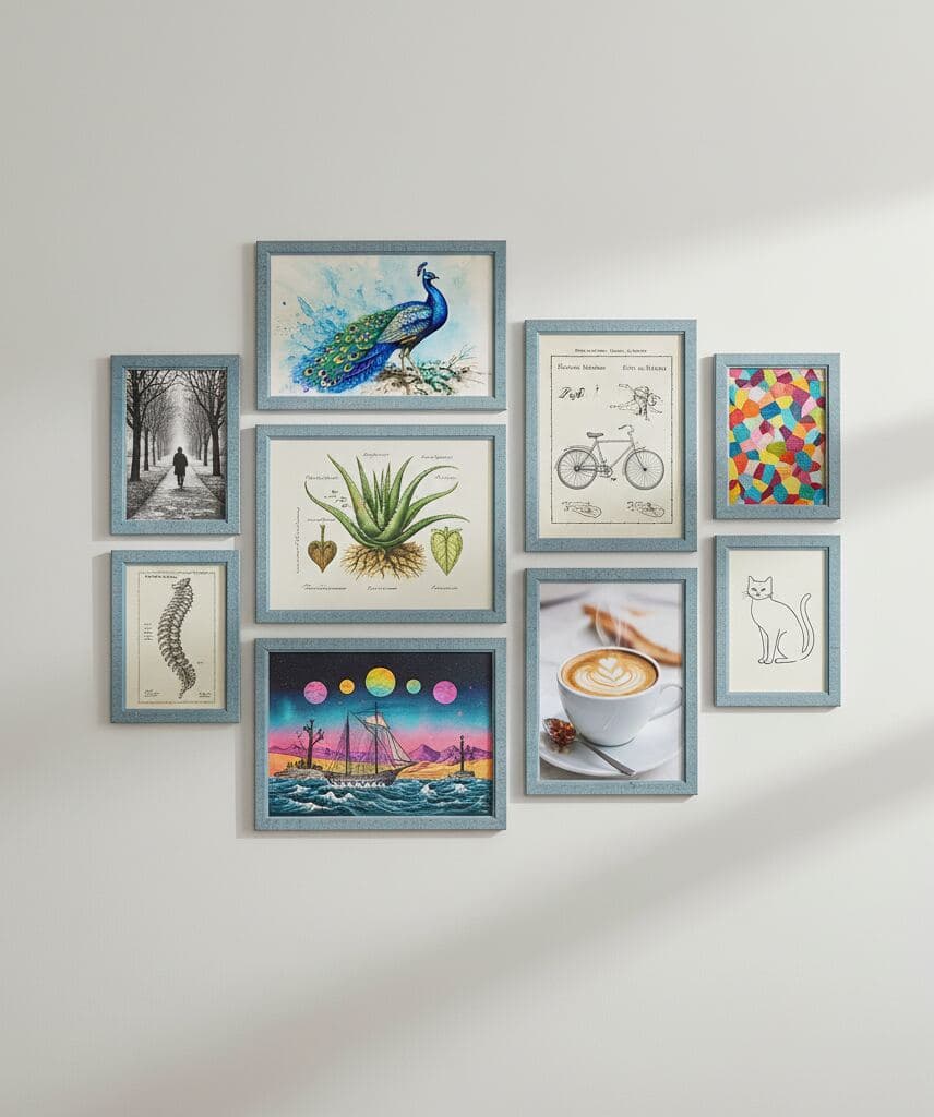 Collection of blue-washed wood picture frames forms gallery wall displaying artwork including peacock, aloe plant, ship illustration, and geometric designs