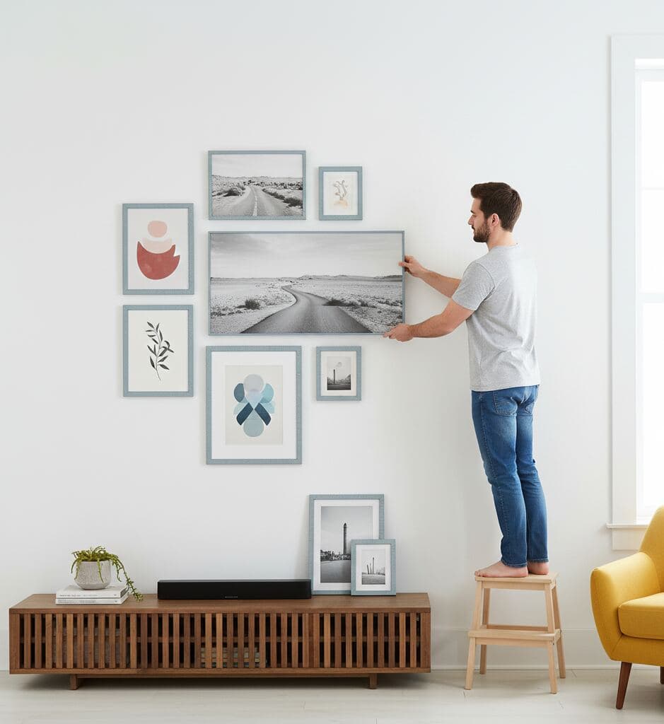 Man in gray t-shirt stands on stool adjusting wall gallery of blue-washed wood picture frames featuring abstract, botanical, and black-and-white artwork