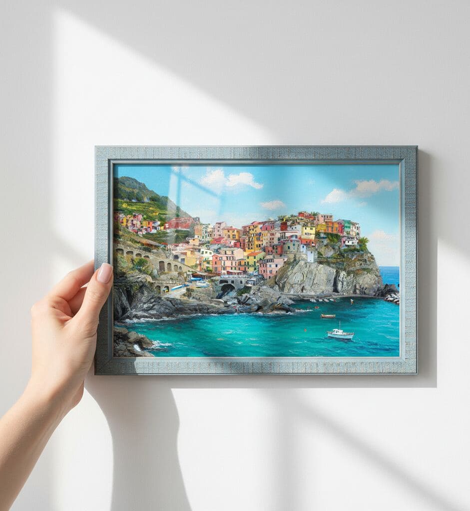 Close-up of hand holding blue-washed wood picture frame featuring painting of colorful coastal village on cliffs above turquoise water