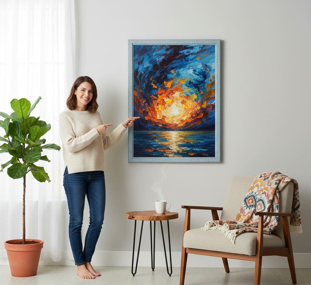 Woman in beige sweater stands beside chair pointing toward large blue-washed wood picture frame displaying vivid sunset painting over ocean