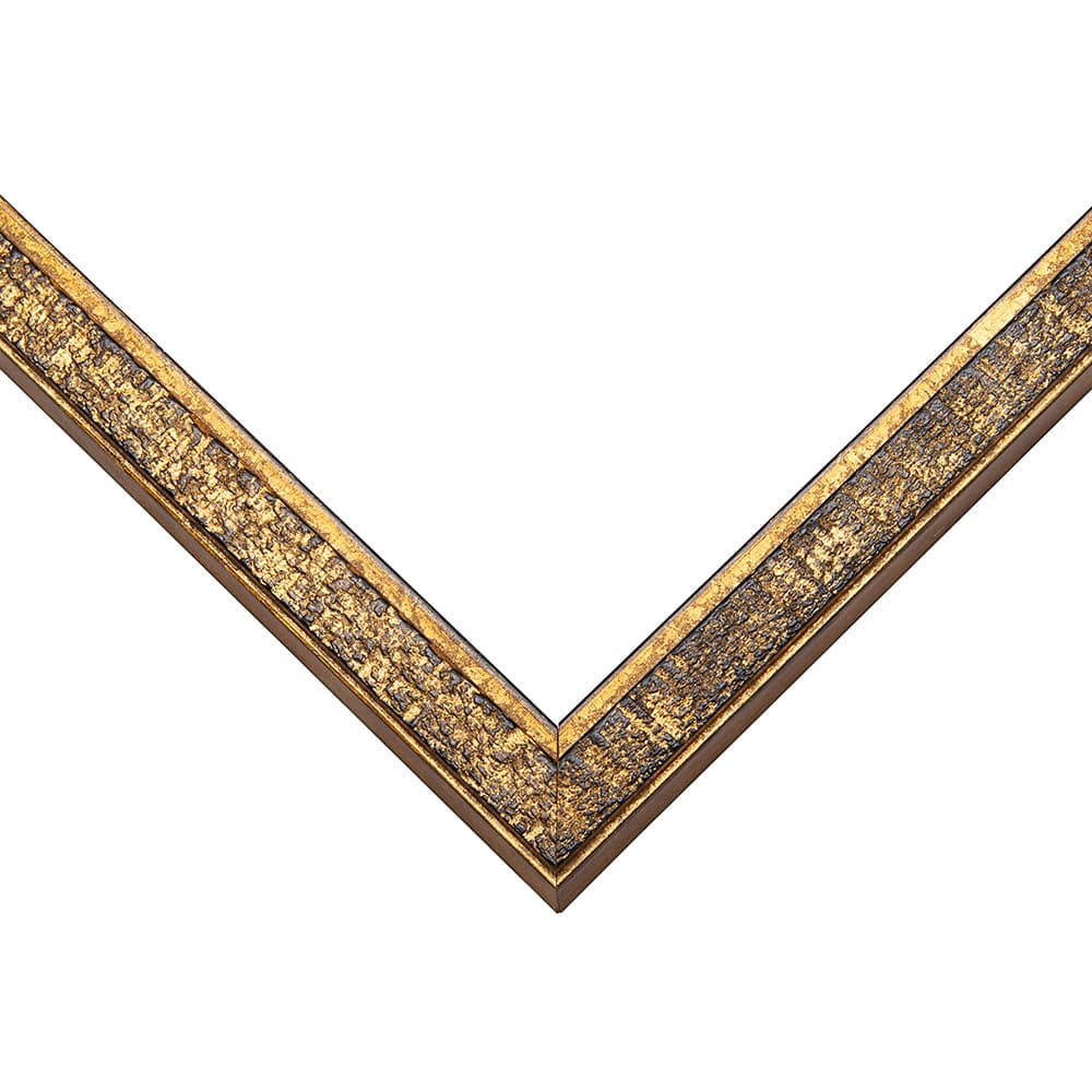 Champagne Gold Frame corner detail showing distressed gold finish with dark antiqued patina in slim 0.75 inch contemporary profile