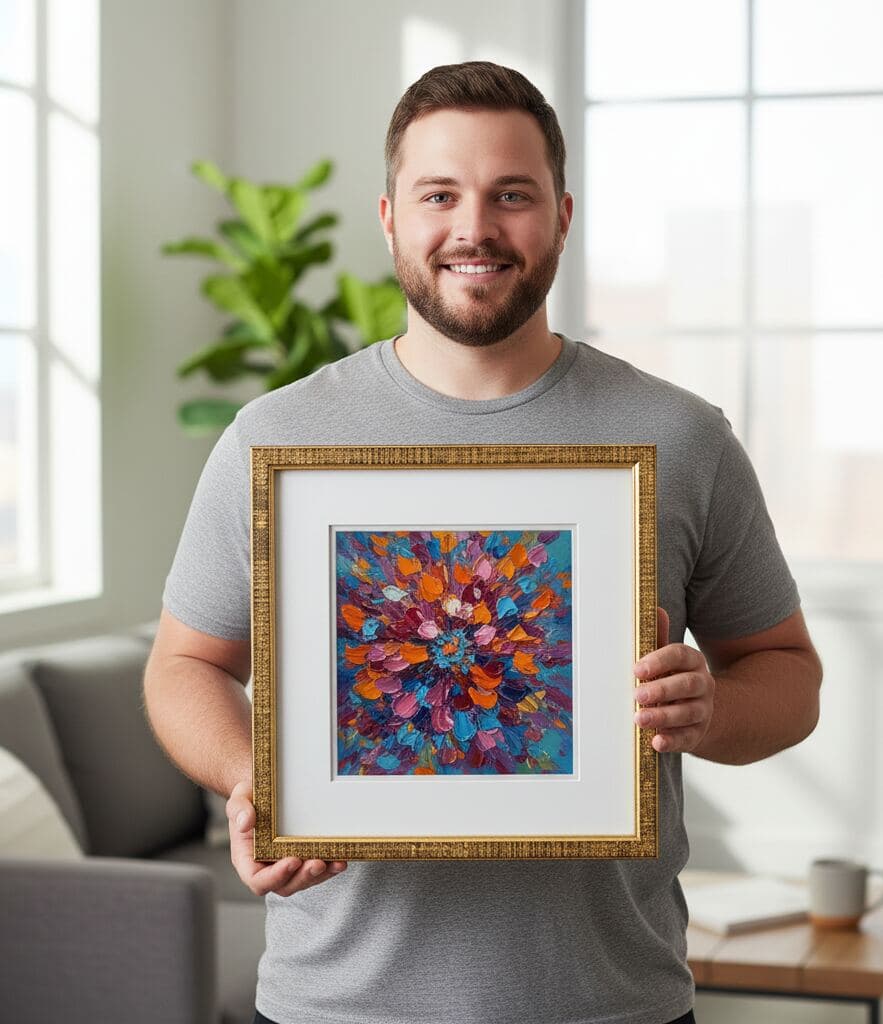 Man in gray t-shirt holds gold-textured picture frame displaying colorful abstract floral painting with blue, pink, orange, and red tones