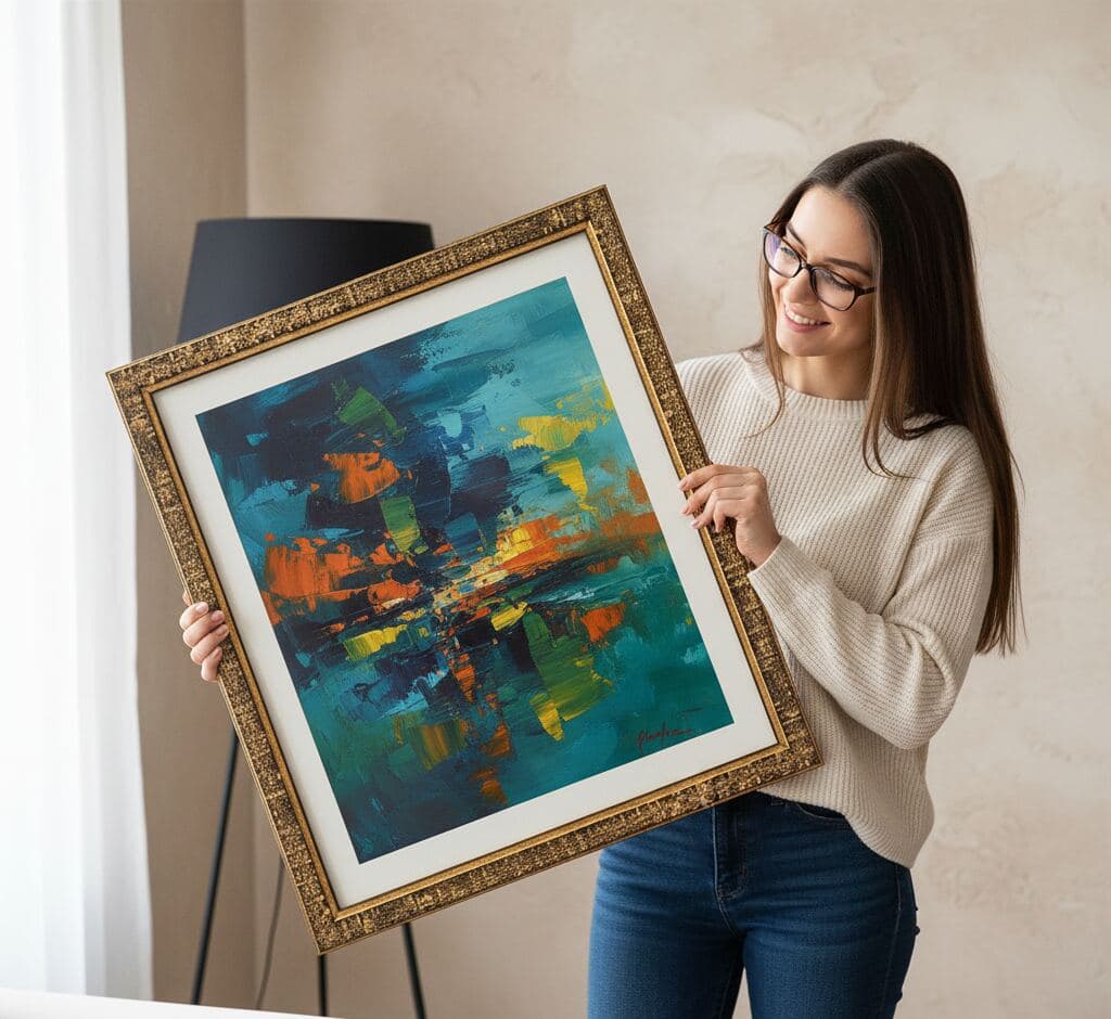 Woman holding ornate gold picture frame with vibrant abstract painting featuring teal, orange, and blue brushstrokes with white mat board