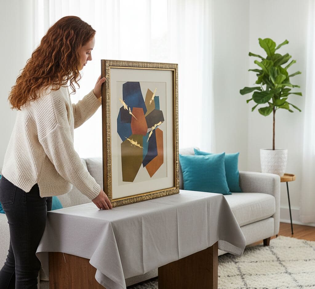 Woman arranging decorative gold frame displaying modern geometric abstract art with navy, terracotta, and gold shapes on cream mat in contemporary living room