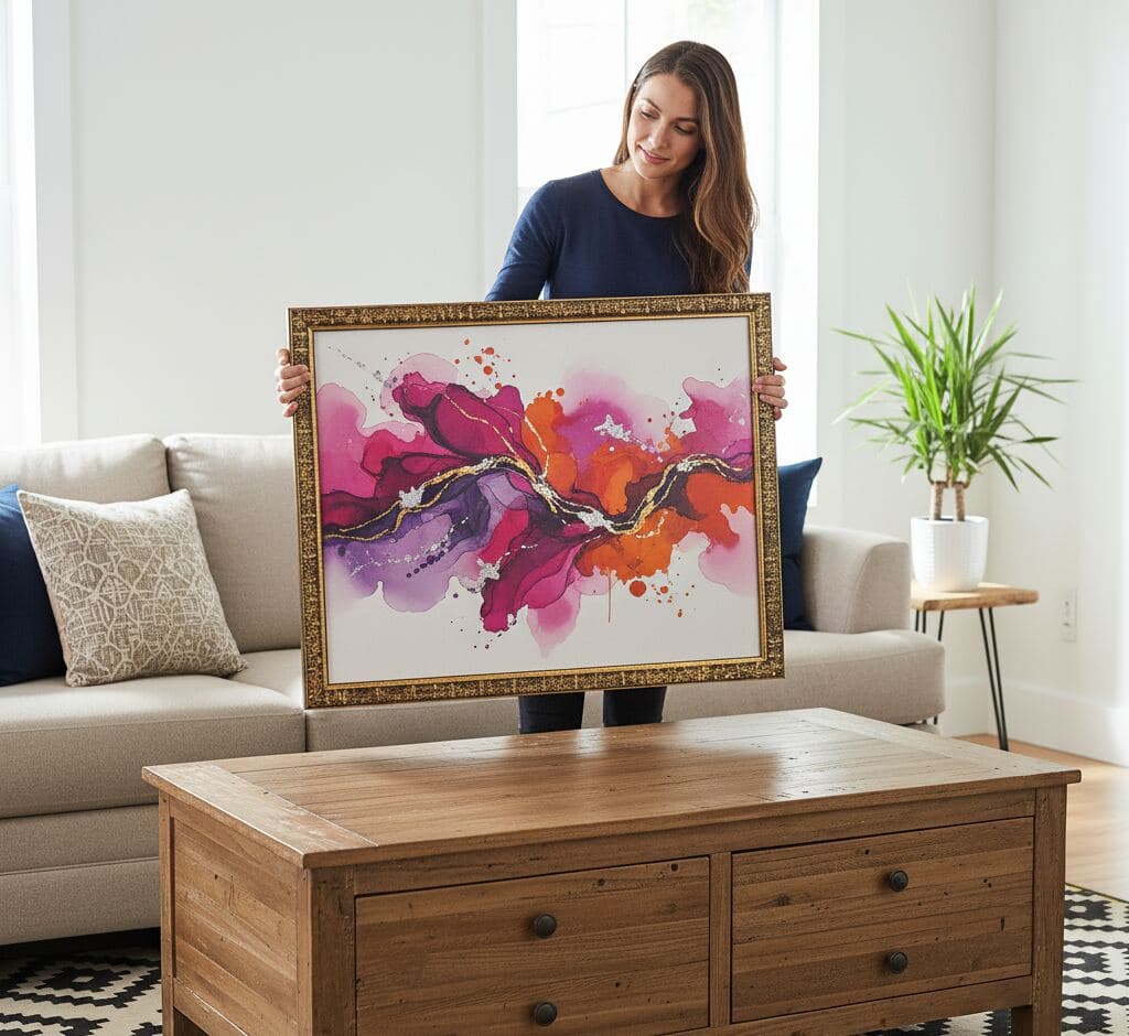 Custom gold ornamental picture frame showcasing watercolor abstract art in pink, purple, and orange tones with white matting in modern home interior