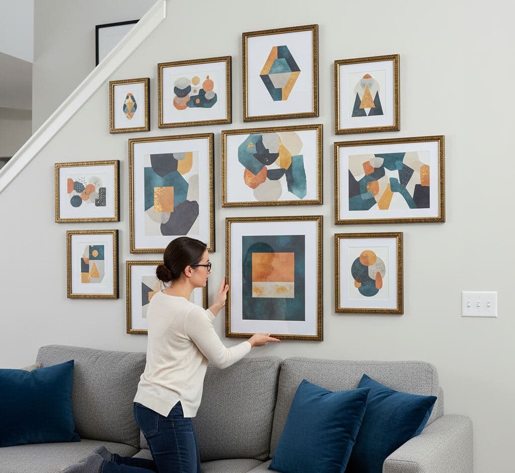 Gallery wall arrangement with ornate gold picture frames displaying geometric abstract prints in teal, navy, and gold tones in neutral living room