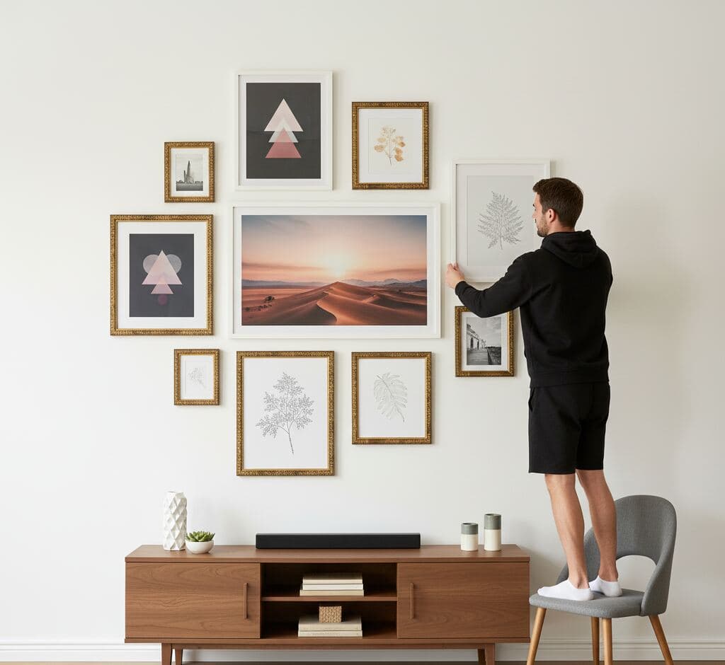 Man curating mixed picture frame gallery wall combining ornate gold frames with modern white frames showcasing botanical prints, geometric art, and landscape photography