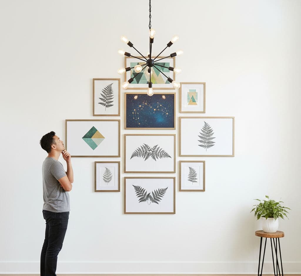 Gallery wall design featuring decorative gold picture frames with white frames displaying fern botanical prints, geometric shapes, and desert landscape photograph above media console