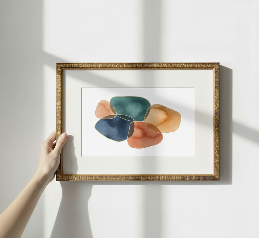 Ornate gold picture frame with white mat board showcasing modern organic abstract shapes in teal, orange, navy, and coral tones held against white wall
