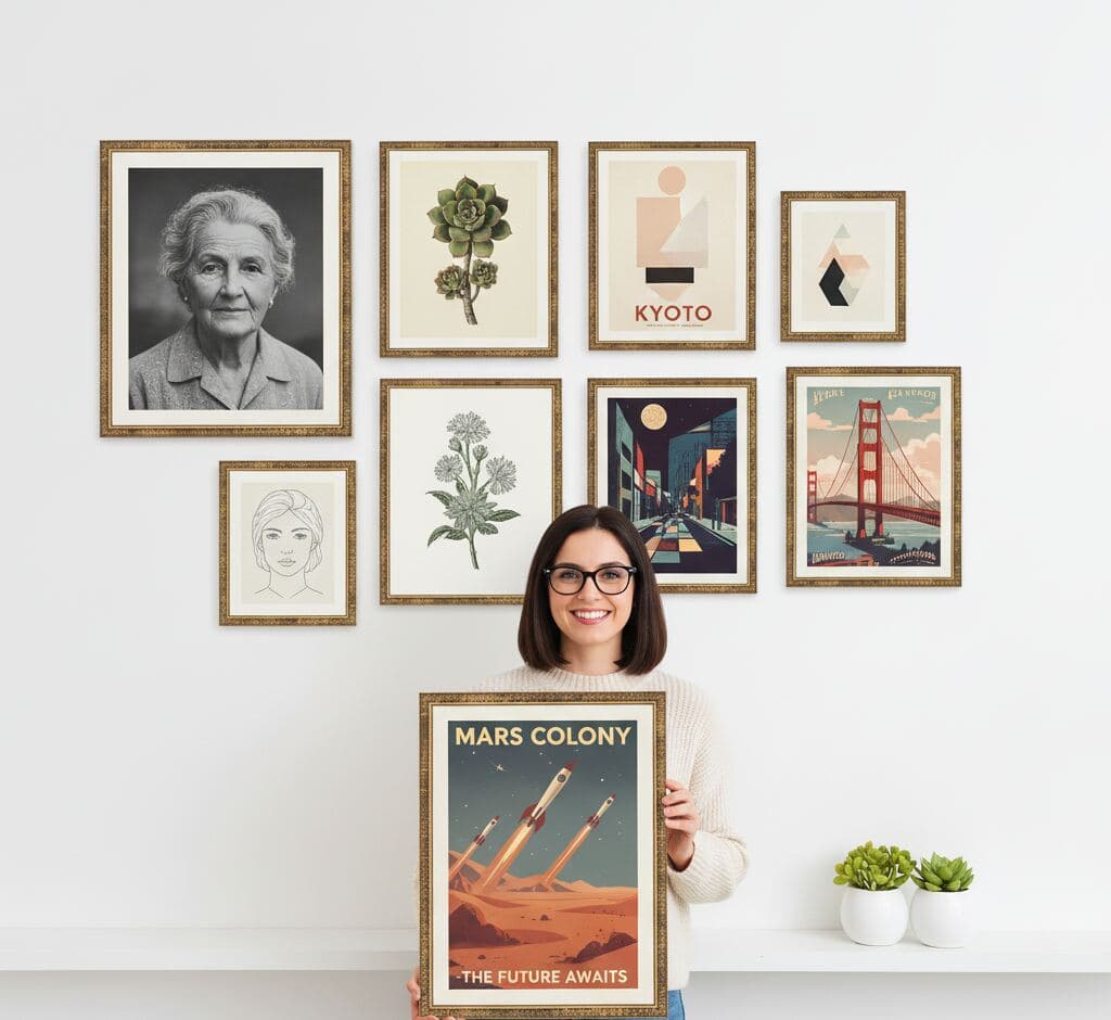 Woman with eclectic gallery wall featuring gold ornamental frames displaying vintage portrait photography, botanical illustrations, travel posters, and geometric art