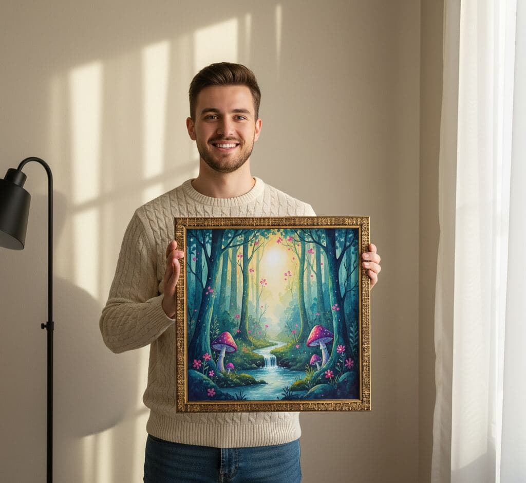 Man presenting custom gold picture frame with enchanted forest fantasy artwork featuring magical mushrooms, waterfall, and vibrant foliage in sunlit interior