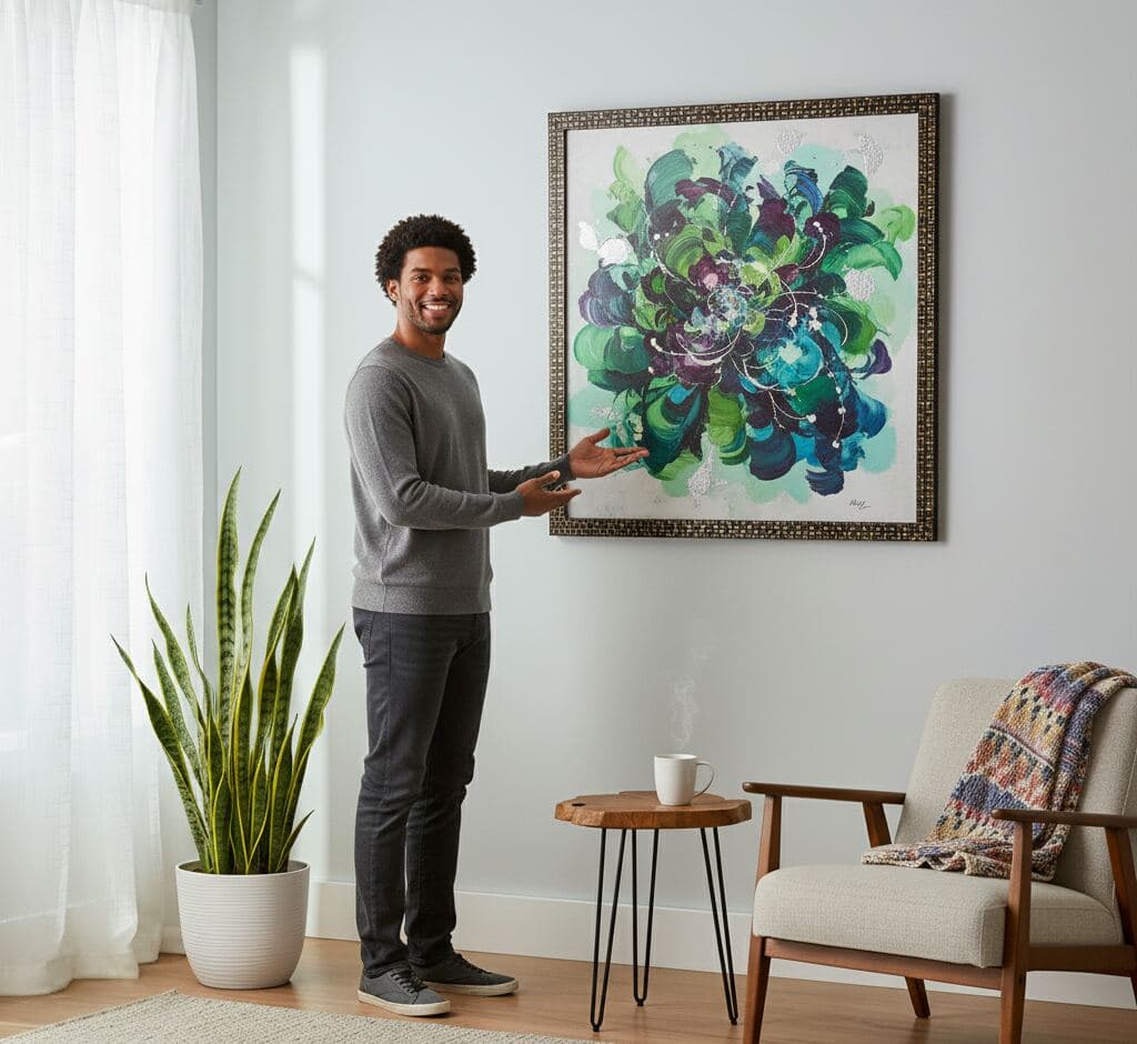 Man showcasing large ornate gold frame with modern abstract expressionist painting in emerald, teal, and navy tones mounted on gallery wall