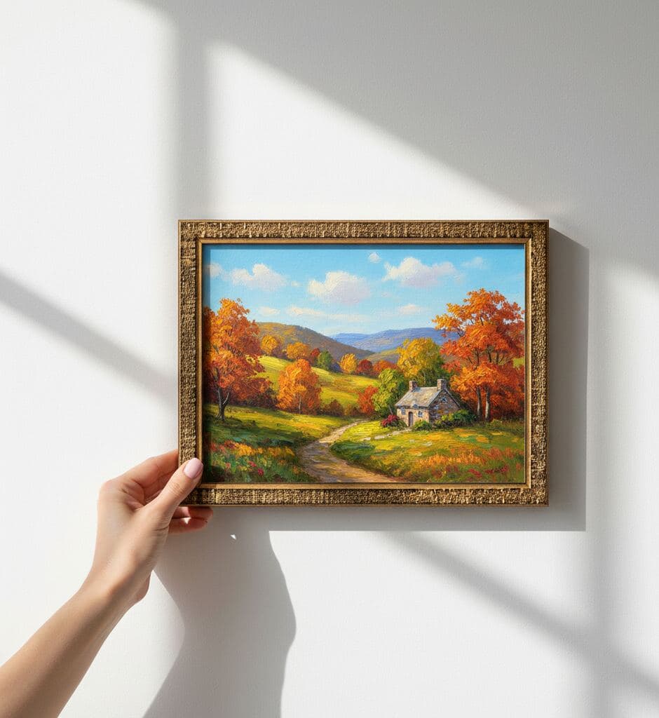 Close-up of hand holding gold picture frame featuring landscape painting of small cottage surrounded by autumn trees and rolling hills
