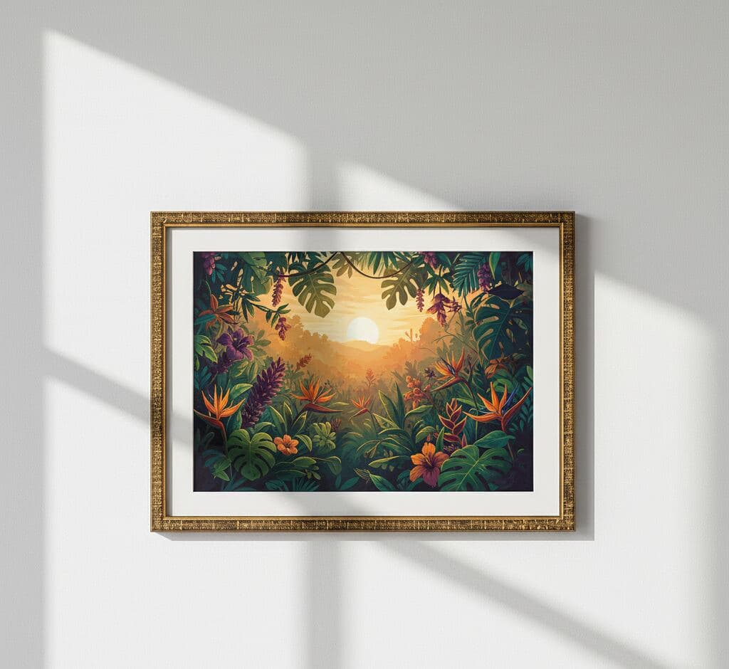Decorative gold picture frame with white mat board displaying tropical jungle sunset artwork with birds of paradise and monstera leaves on minimalist wall