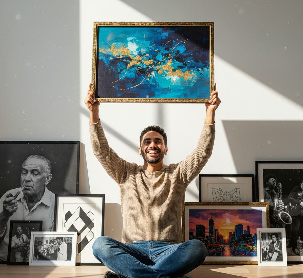 Man celebrating picture framing project holding gold ornamental frame with abstract blue and gold leaf contemporary art surrounded by collection of framed photography