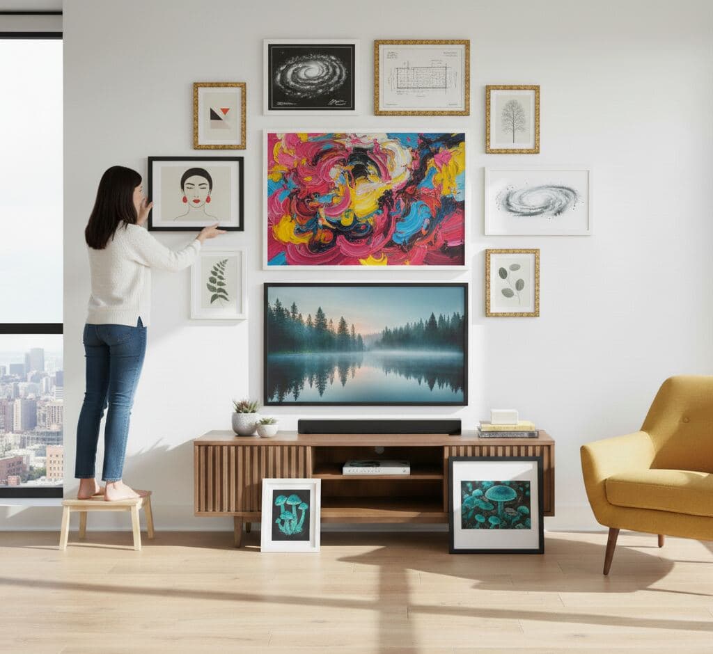 Woman arranging mixed media gallery wall with gold decorative frames and modern black frames displaying abstract art, nature photography, and minimalist botanical prints