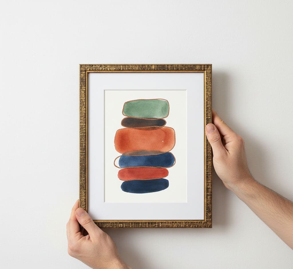 Hands holding small ornate gold picture frame with white mat displaying stacked organic shapes abstract art in teal, orange, rust, and navy watercolor tones