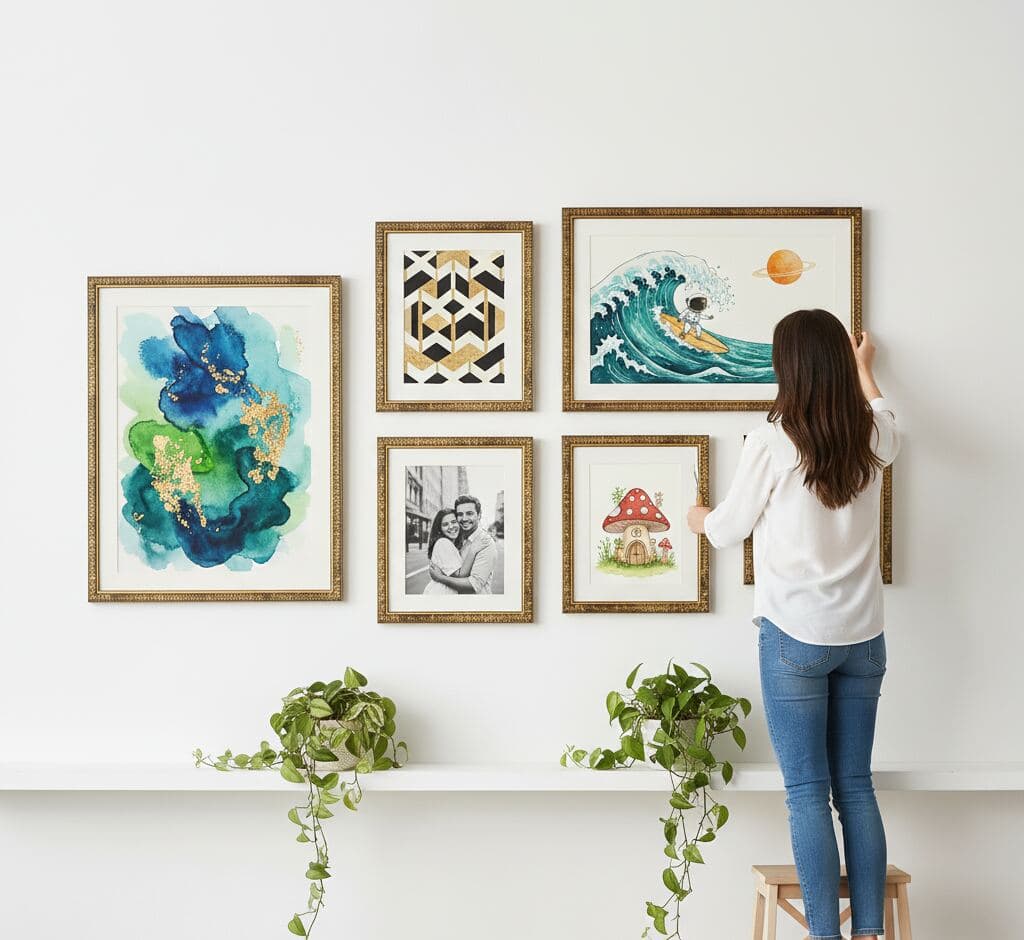 Woman arranging gallery wall of five ornate gold picture frames with white mats displaying teal watercolor abstract art, black geometric chevrons, astronaut surfing ocean wave, vintage couple portrait, and whimsical mushroom house illustration above floating shelf with trailing pothos plants