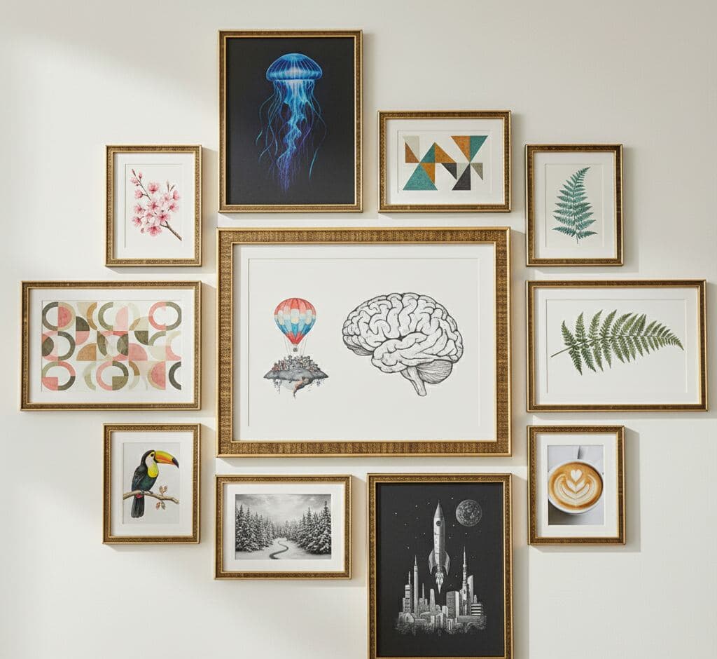 Eclectic gallery wall featuring eleven decorative gold picture frames displaying luminous blue jellyfish on black, cherry blossom watercolor, geometric triangles, fern botanicals, abstract circles, toucan bird illustration, snowy forest landscape, surreal brain with hot air balloon, retro space rocket cityscape, and latte art coffee photography