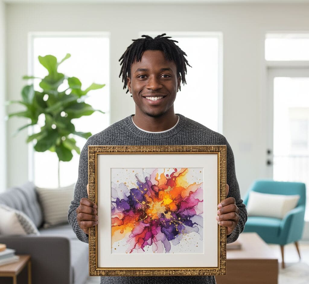 Man presenting ornate gold picture frame with white mat board showcasing vibrant watercolor burst abstract art in purple, magenta, orange, and yellow tones in bright modern living room