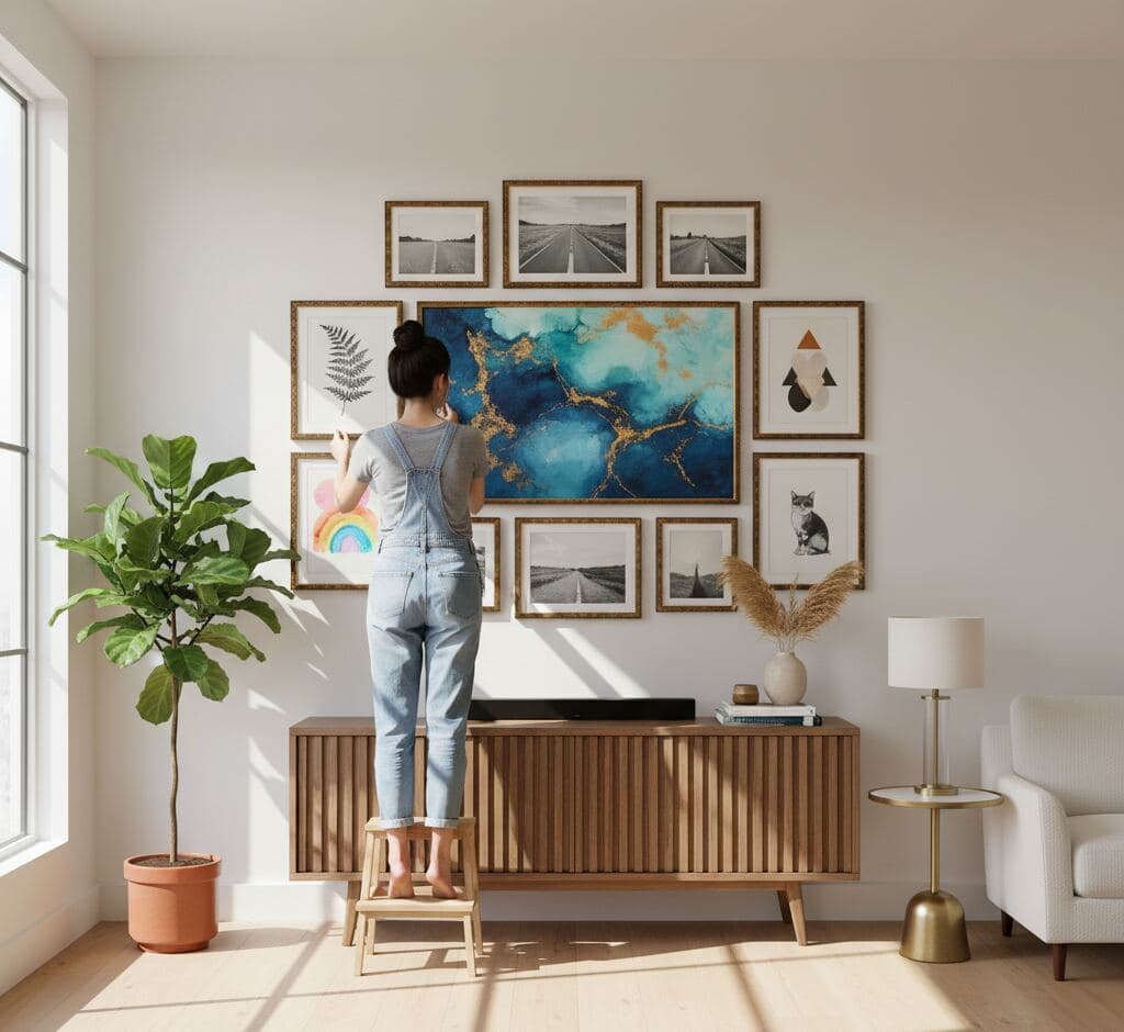 Woman on wooden stool curating gallery wall centered on large gold decorative frame with teal and gold abstract resin art surrounded by black and white highway photography, pressed fern botanical, geometric triangle prints, and cat portrait above mid-century credenza