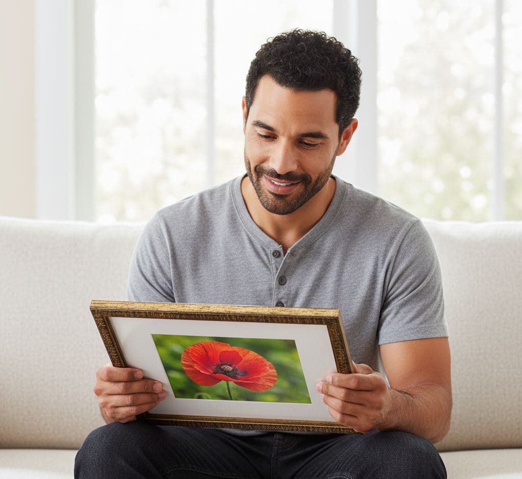 Man admiring ornate gold picture frame with white mat displaying vibrant red poppy flower macro photography while seated on modern sofa in sunlit living room