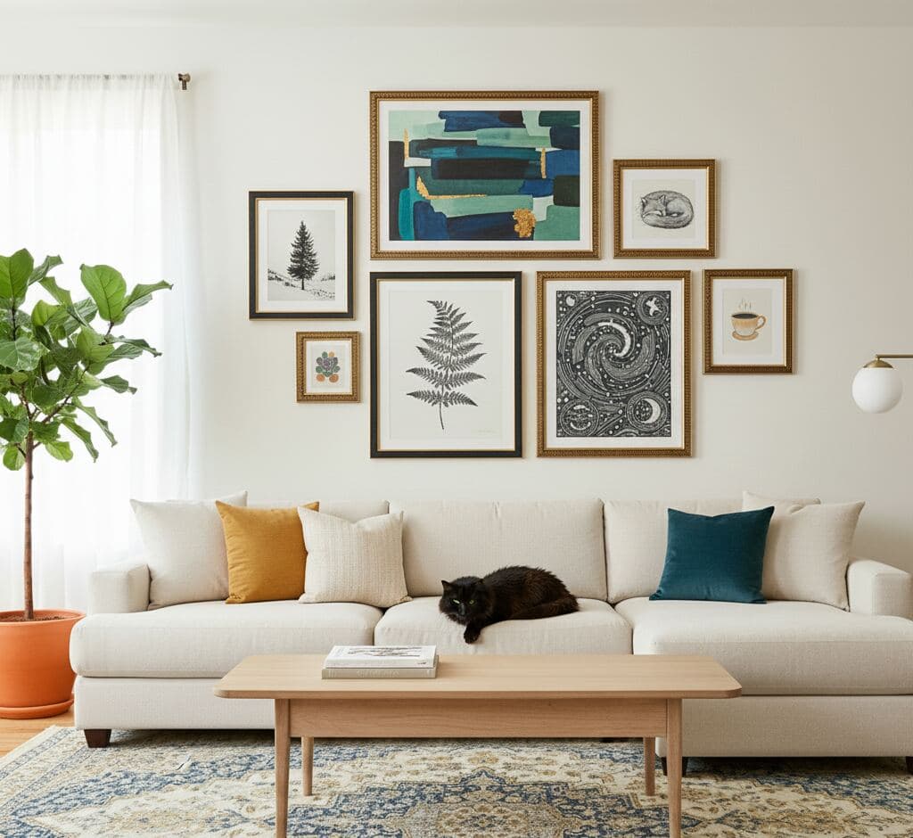 Cozy living room gallery wall combining gold ornamental frames and black frames displaying abstract teal geometric painting, sleeping cat sketch, pressed fern botanical, cosmic celestial spiral art, vintage coffee cup illustration, snowy pine tree photograph, and gemstone cluster watercolor with black cat relaxing on cream sofa
