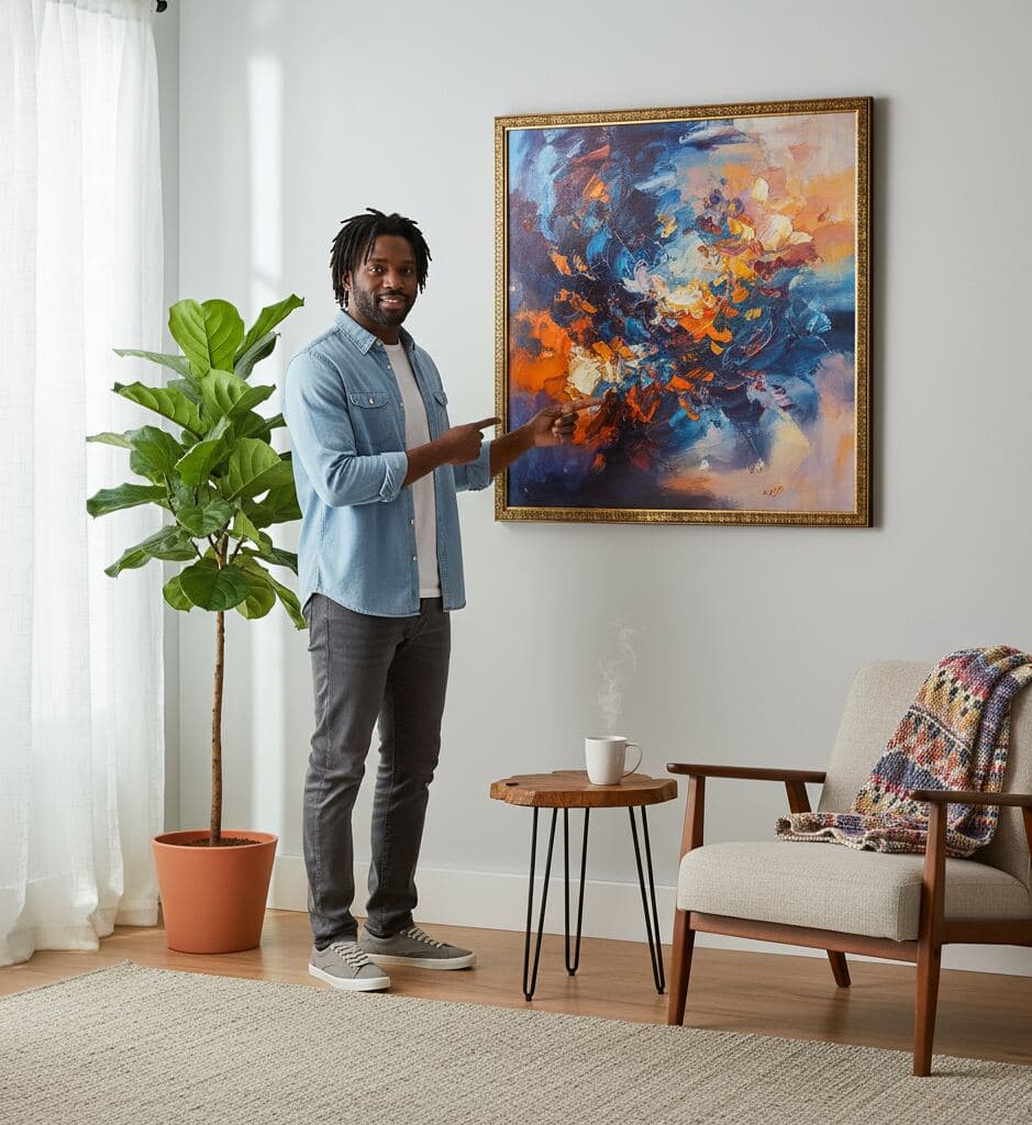 Man in denim shirt stands in bright living room pointing toward large gold-framed abstract painting in deep blue, orange, and white tones