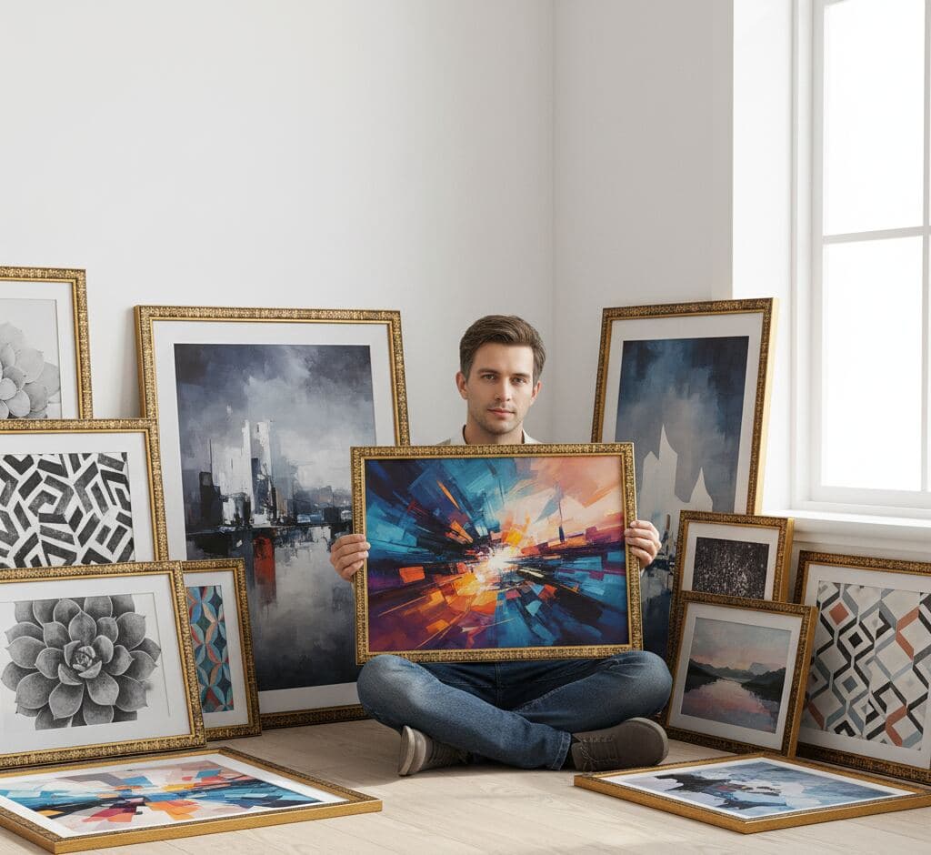 Man surrounded by collection of ornate gold picture frames featuring modern abstract art including geometric black and white chevrons, moody cityscape paintings, succulent botanical pencil drawing, and vibrant abstract expressionist compositions in art studio setting