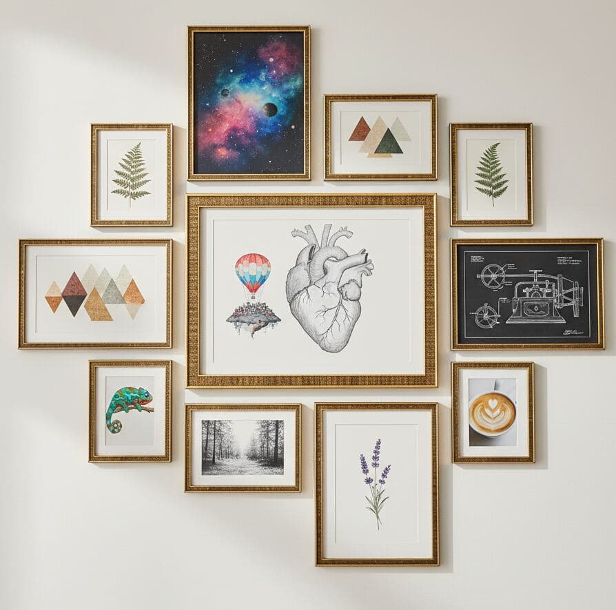 Gallery wall of gold picture frames displays assorted artwork including heart illustration, space scene, geometric designs, botanical prints, and cup of coffee image