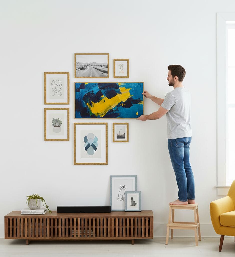 Man in gray t-shirt stands on stool adjusting gold-framed abstract painting in blue and yellow tones among surrounding botanical and line-art prints