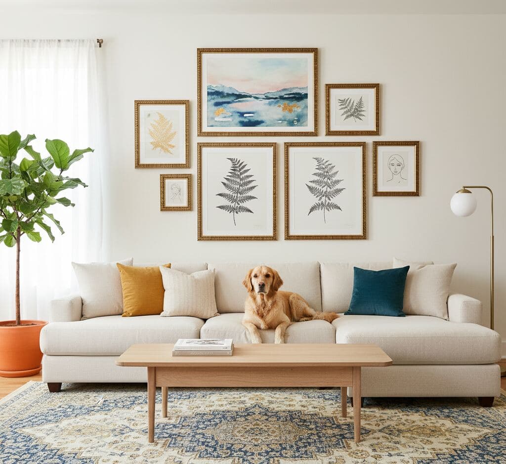Cream-colored sofa with colorful pillows sits beneath gallery wall of gold picture frames displaying landscape, botanical, and portrait artwork, with dog resting on sofa