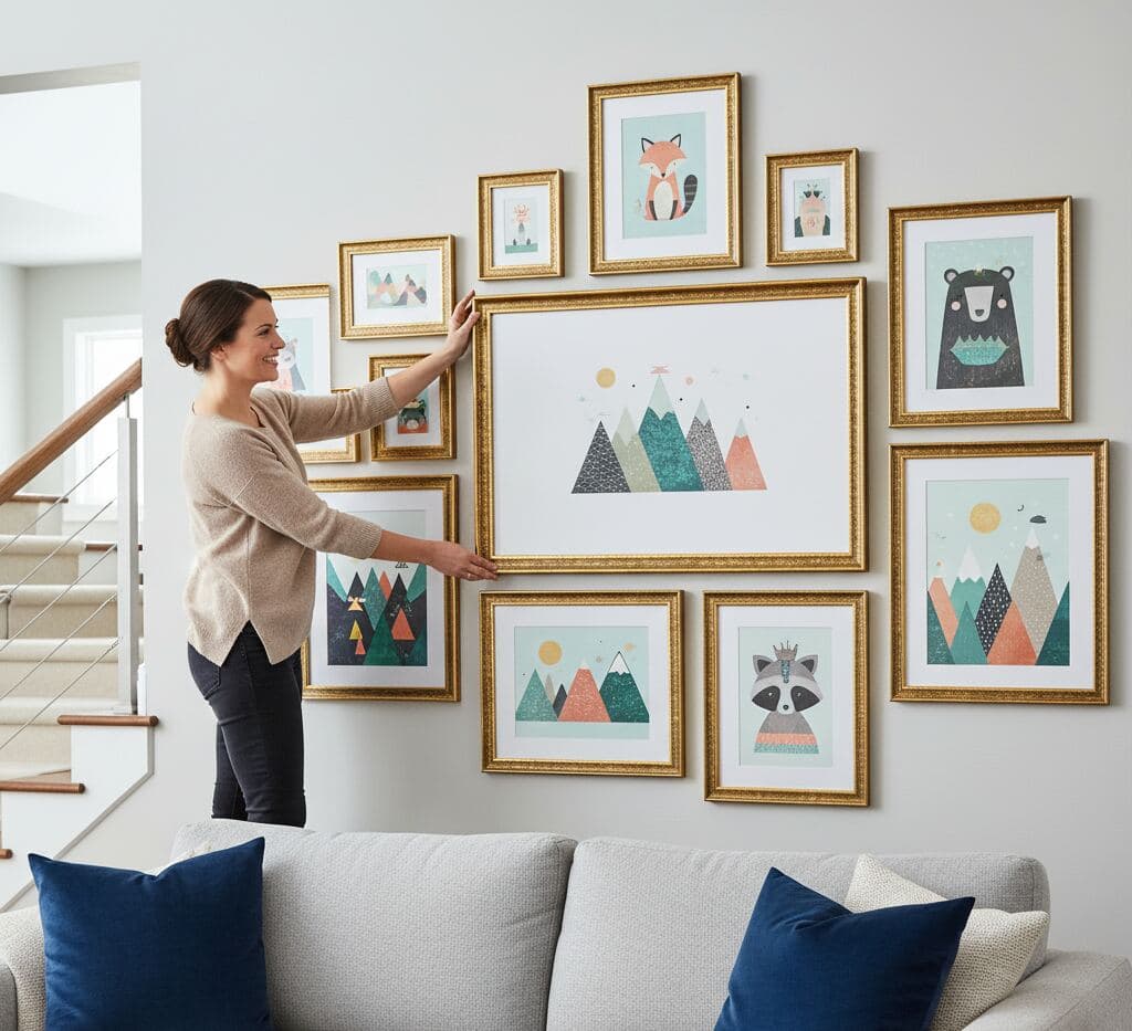 Woman arranges gallery wall of gold picture frames featuring playful animal and mountain-themed artwork in cozy living room