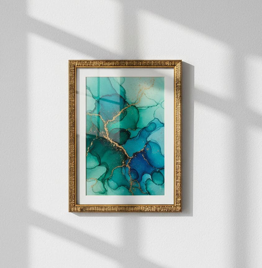 Gold picture frame with white mat displays watercolor artwork in deep teal, blue, and green hues accented with gold veins on sunlit wall