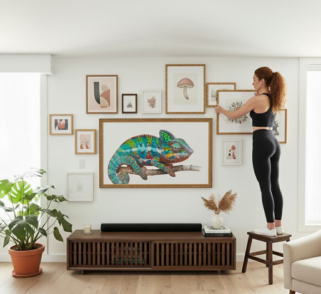 Woman in athletic clothing stands on stool adjusting wall gallery of gold picture frames displaying large chameleon illustration surrounded by smaller botanical and abstract prints