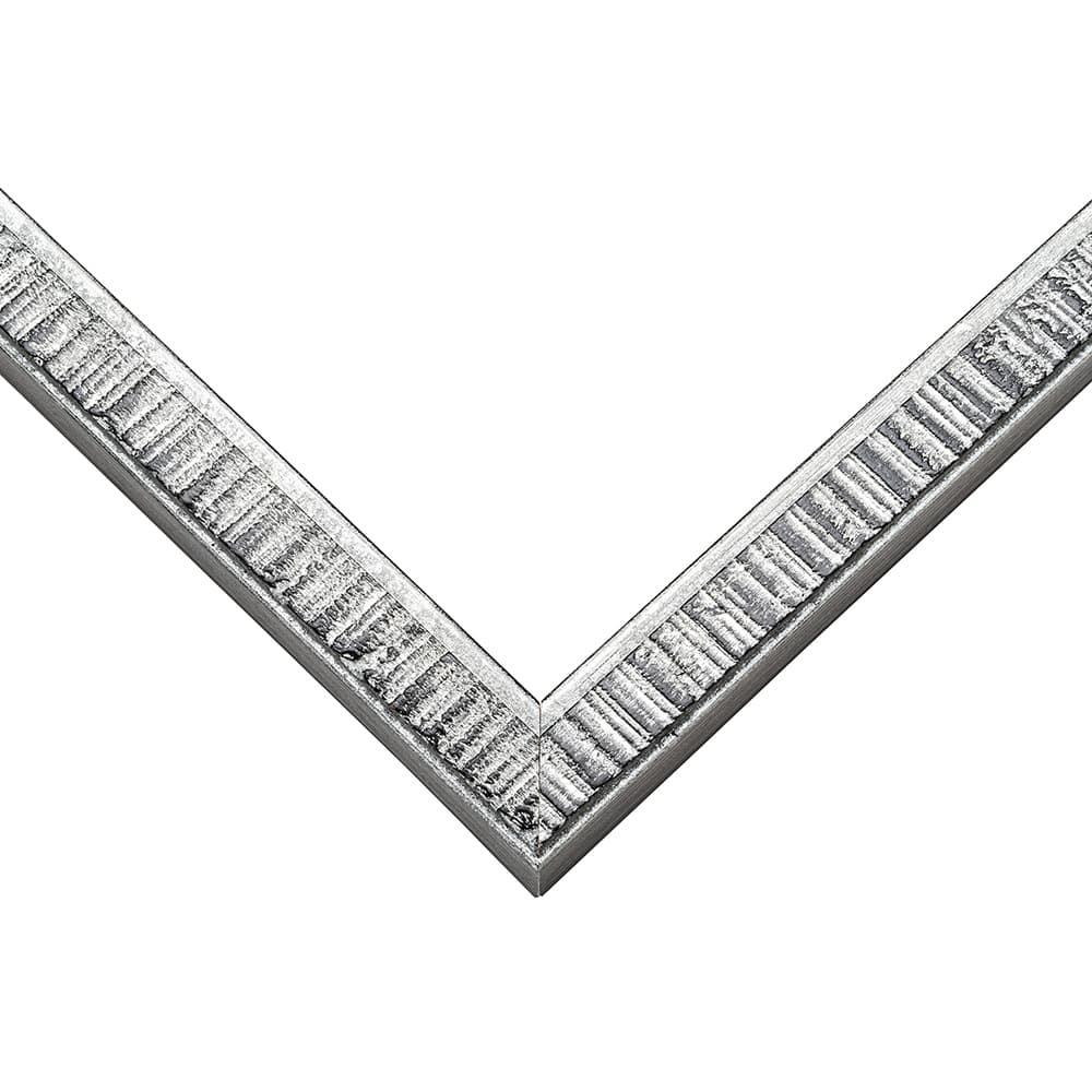 Modern Silver Frame corner detail showing distressed silver finish with dark textured patina in slim 0.75 inch contemporary profile
