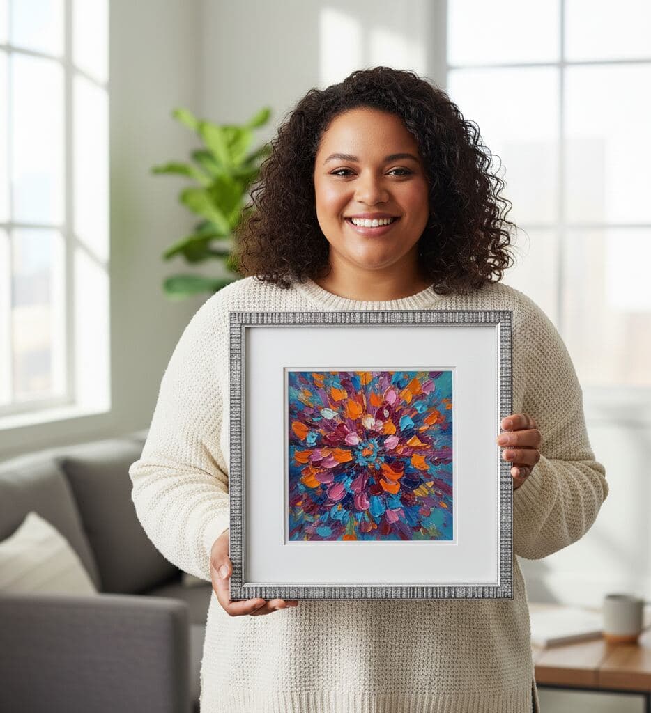 Woman in cream sweater holds silver-textured picture frame displaying colorful abstract floral painting with orange, blue, and magenta tones