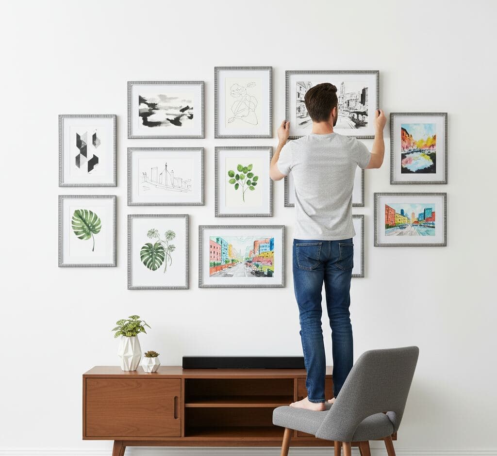 Man arranging symmetrical gallery wall of eleven silver picture frames displaying eclectic artwork including NYC cityscape, intricate mandalas on black and white backgrounds, moon mountain illustration, botanical eucalyptus, geometric triangles, and minimalist cat line drawing with gray cat resting on cream sofa