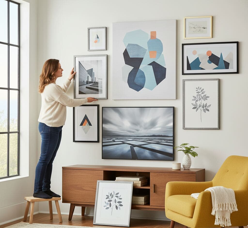 Woman on wooden stool curating mixed media gallery wall combining sleek silver picture frames with modern black frames displaying geometric abstract art, ocean seascape photography, organic blue collage, minimalist mountain prints, and pressed fern botanical above mid-century credenza
