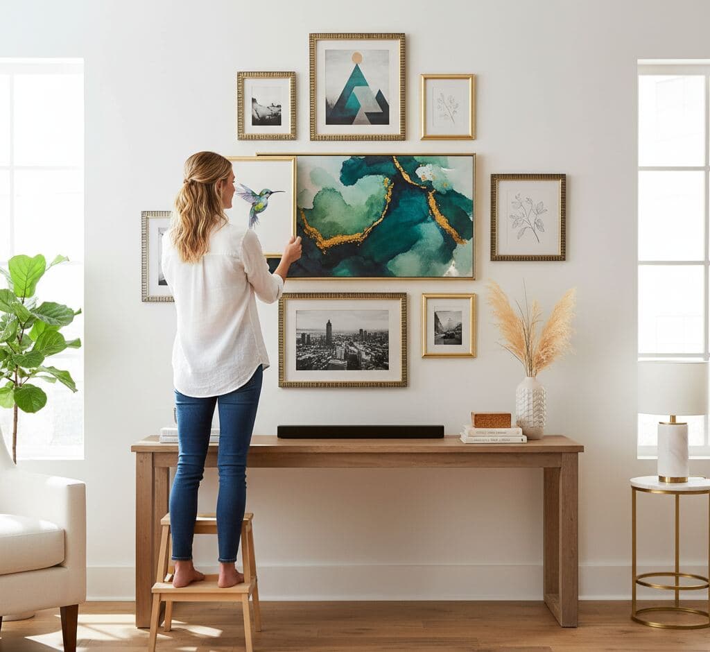 Woman barefoot on stool arranging eclectic gallery wall centered on large abstract watercolor resin art in emerald and gold with decorative gold frame surrounded by silver and gold picture frames displaying geometric mountain art, hummingbird illustration, vintage cityscape photography, and botanical line drawings