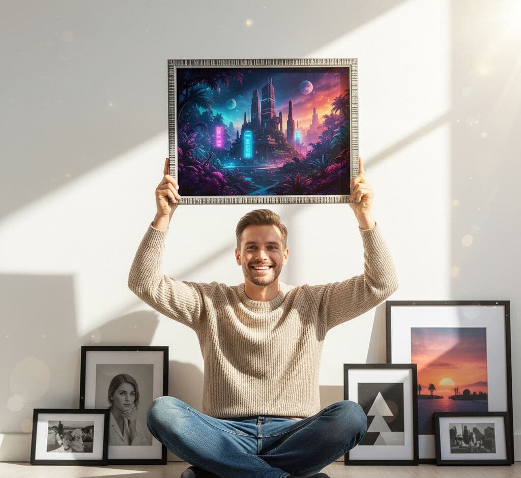 Smiling man celebrating picture framing project holding textured silver picture frame showcasing vibrant sci-fi fantasy digital art with neon futuristic cityscape, alien planets, and purple sunset surrounded by collection of black picture frames with portrait and landscape photography