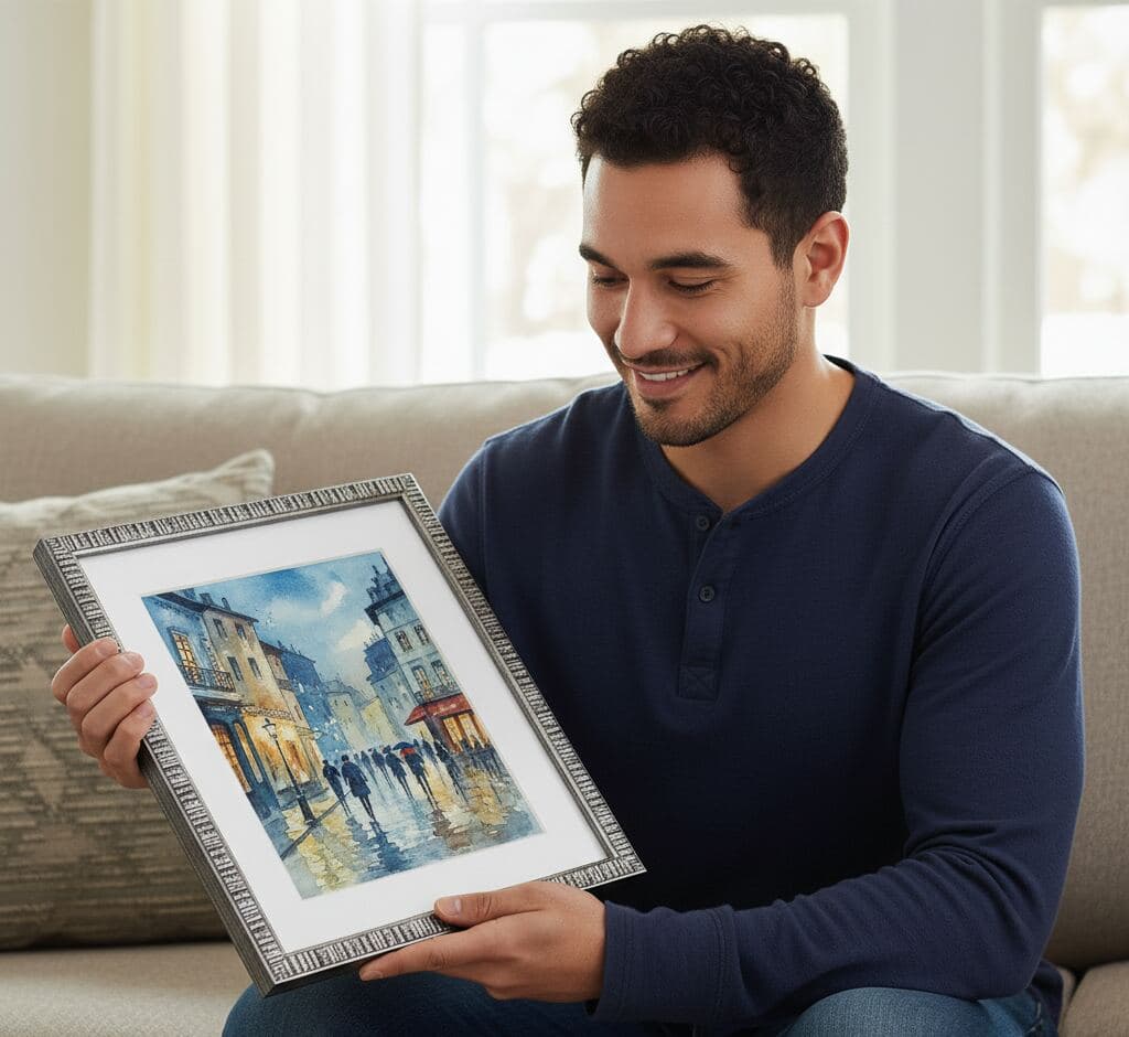 Man in navy polo shirt admiring custom silver picture frame with white mat board displaying watercolor European street scene painting featuring rainy Paris café with pedestrians and colorful architecture in cozy living room