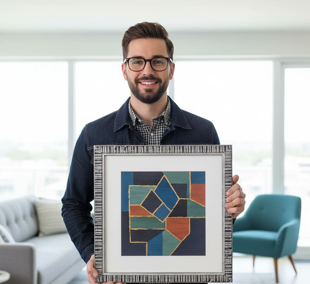 Man presenting large modern silver picture frame with white mat showcasing contemporary geometric abstract art featuring navy blue, teal, terracotta, and gold shapes with clean lines on bright minimalist wall