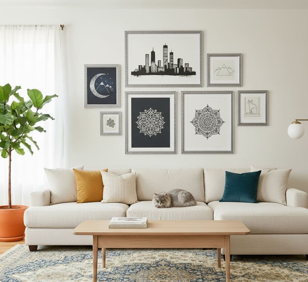 Minimalist Scandinavian living room gallery wall featuring seven textured silver picture frames displaying intricate mandala artwork on black and white backgrounds, NYC skyline silhouette, crescent moon mountain illustration, geometric diamonds, botanical eucalyptus, and cat line art with gray cat relaxing on cream sofa with teal and mustard pillows