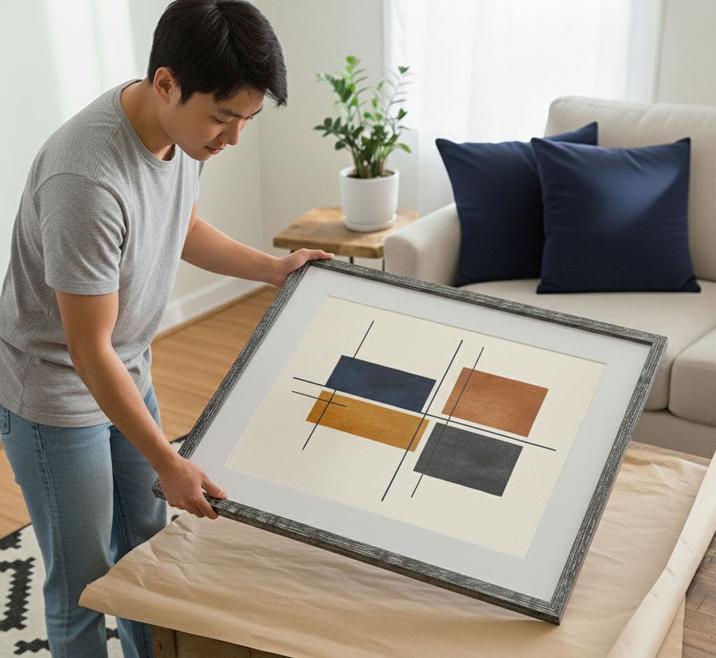 Man in gray t-shirt presenting large textured silver picture frame with cream mat board displaying modern geometric abstract art in navy blue, terracotta, gold, and teal rectangular shapes in contemporary minimalist living room