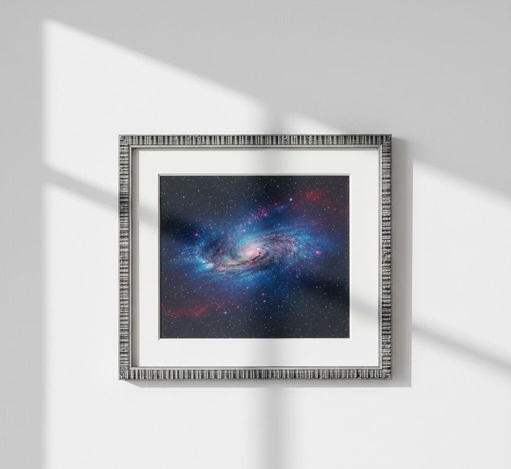 Detailed textured silver picture frame with white mat board showcasing stunning spiral galaxy space photography with vibrant blue, purple, and magenta nebula stars and cosmic dust in dramatic natural window light