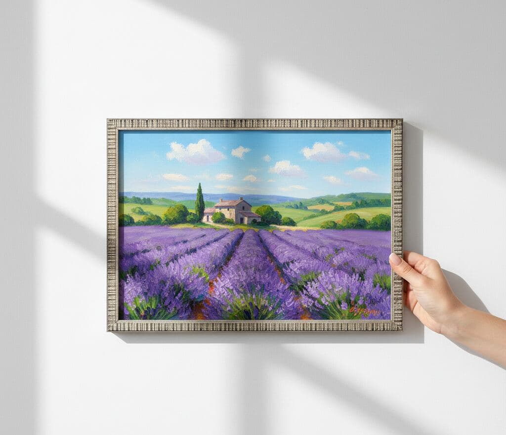 Close-up of hand holding silver picture frame featuring landscape painting of lavender field leading to farmhouse under blue sky