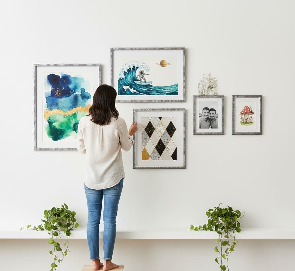Woman arranging eclectic gallery wall of six textured silver picture frames displaying watercolor abstract art, whimsical astronaut surfing turquoise wave, geometric gold and black diamond pattern, black and white family portrait, and illustrated mushroom house with potted greenery