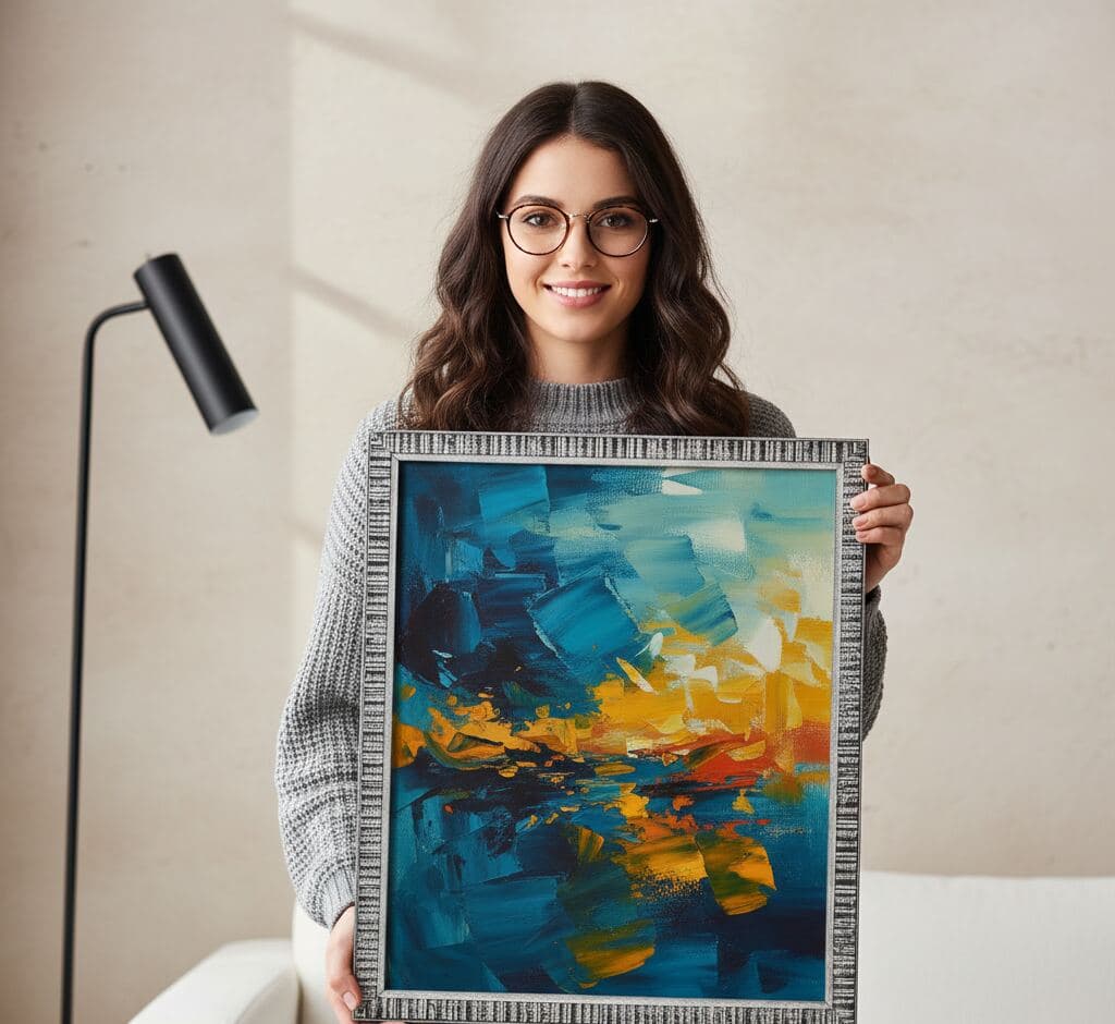 Woman in gray knit sweater holding textured silver picture frame showcasing vibrant abstract ocean sunset painting with bold teal, navy blue, orange, and golden yellow brushstroke technique in minimalist modern interior